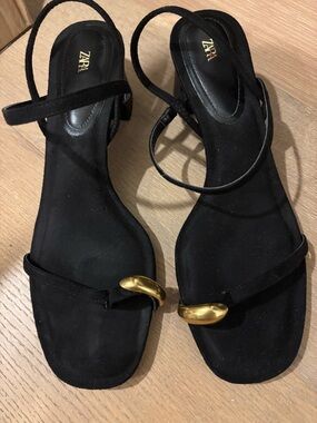 Zara Black Suede Strappy Sandals with Gold Toe Accent